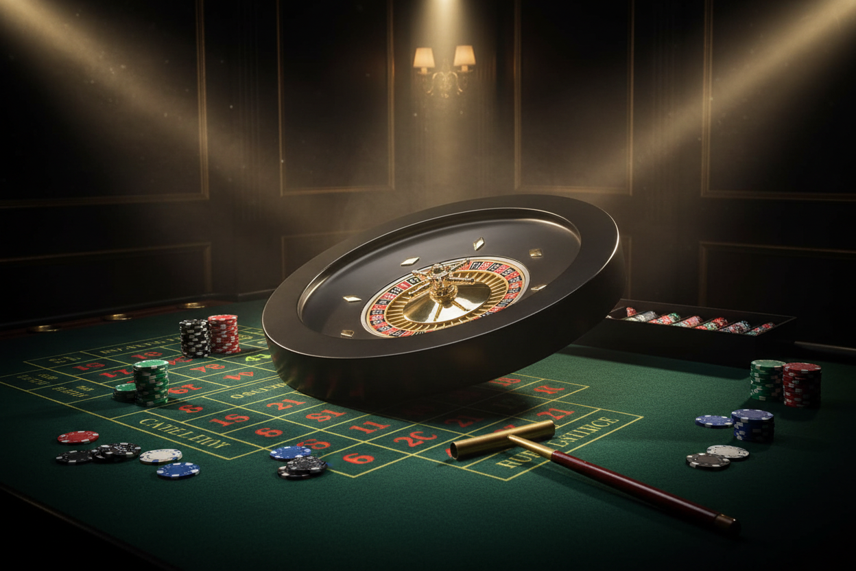 גלגל רולטה שחור וזהב בזווית על שולחן רולטה עם ספוטים