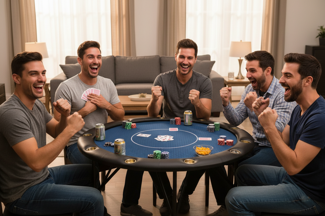 גברים משחקים פוקר ונהנים סביב שולחן פוקר עגול כחול בבית