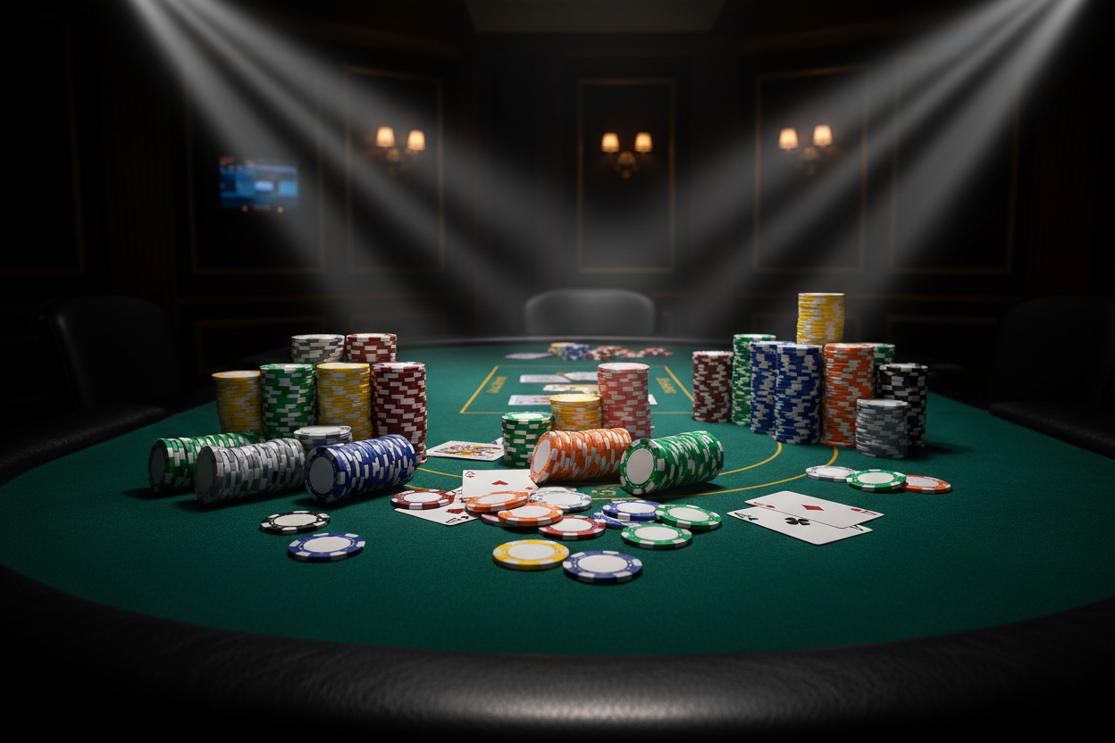 ספי פוקר צבעוניים עם פסים על שולחן פוקר עם ספוטים