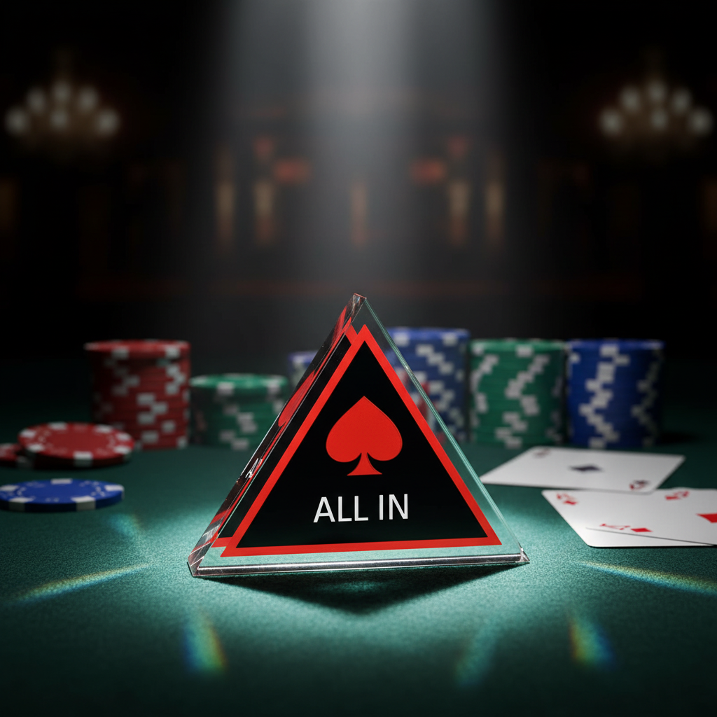 כפתור ALL IN משולש קריסטל על שולחן פוקר