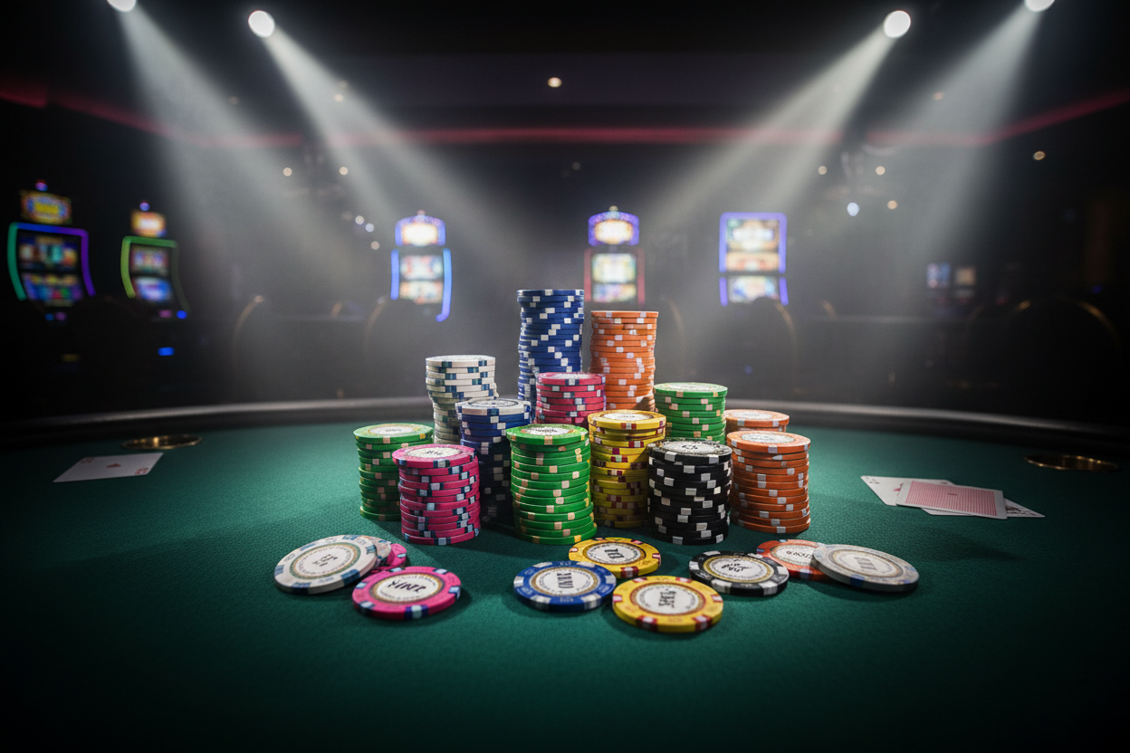 צ'יפי Monte Carlo Poker Club בכל הצבעים והערכים על שולחן פוקר