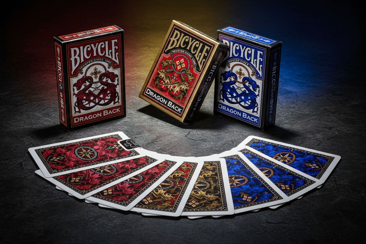 קלפי בייסיקל Dragon Back – שלושה חפיסות קלפים אדום זהב וכחול לפוקר ומשחקי קלפים