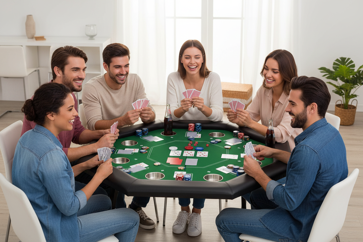 חברים מחייכים משחקים פוקר סביב שולחן אוקטגוני בבית