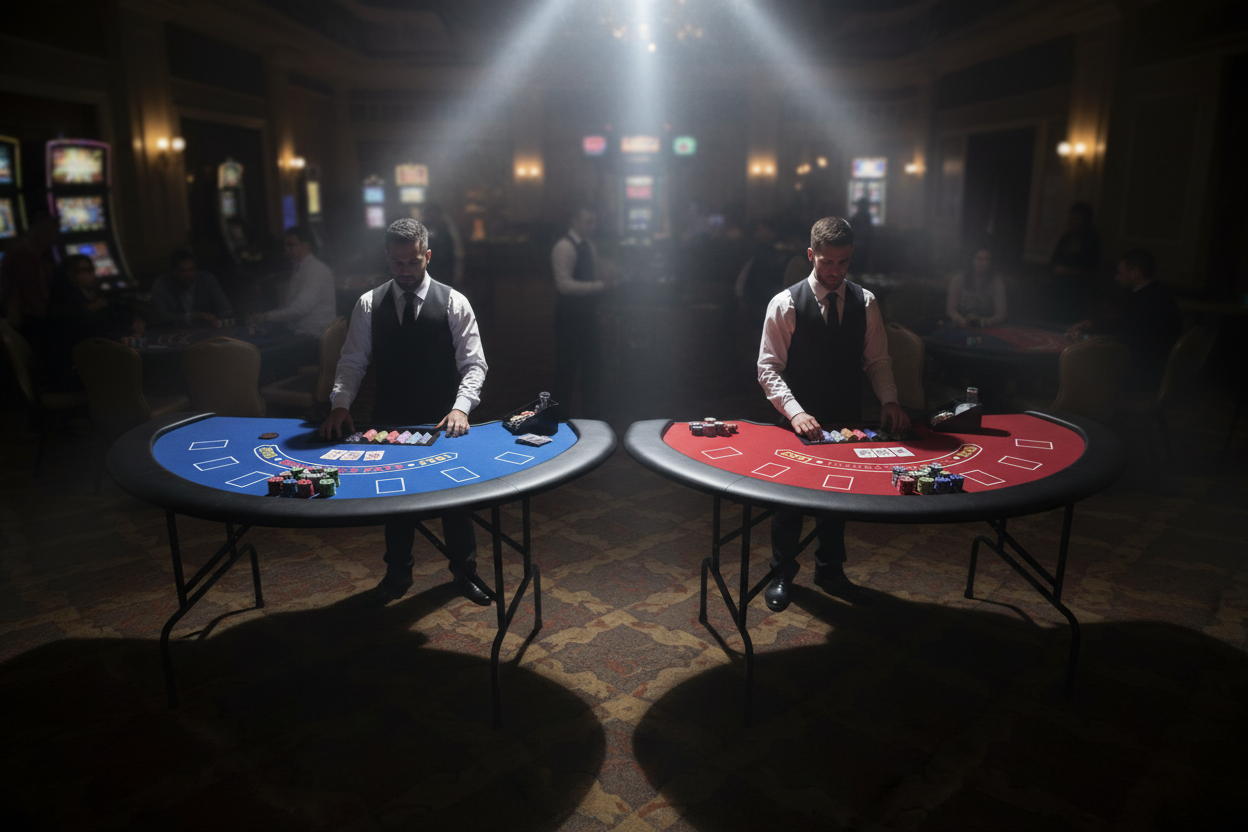 שני שולחנות בלאק ג'ק כחול ואדום באווירת קזינו