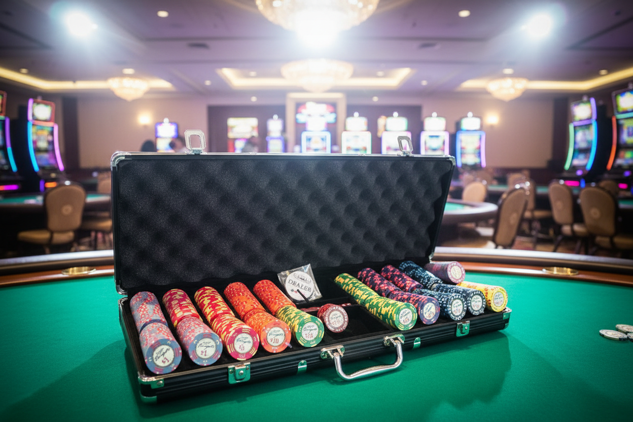 ערכת צ׳יפים לפוקר במזוודה שחורה פתוחה עם צ׳יפים צבעוניים