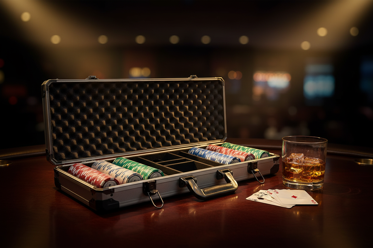 מזוודת פוקר לוקס עם ויסקי ואווירת קזינו
