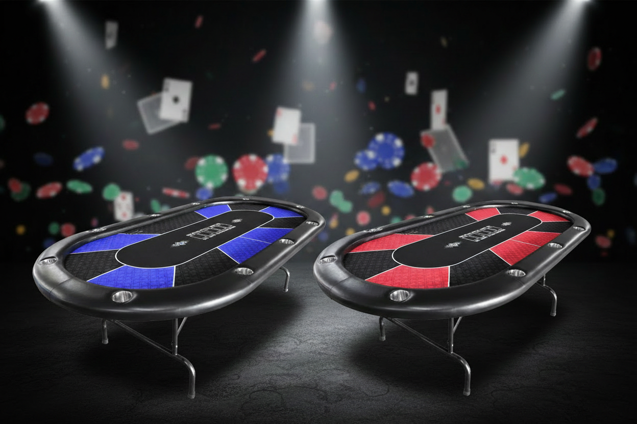 שני שולחנות פוקר כחול ואדום באווירת קזינו