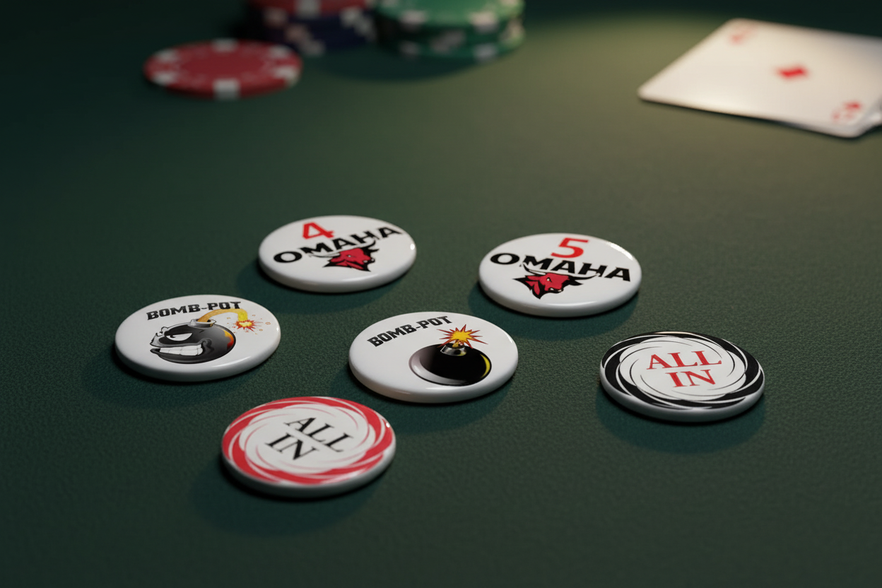 6 כפתורי פוקר פרוסים על שולחן פוקר