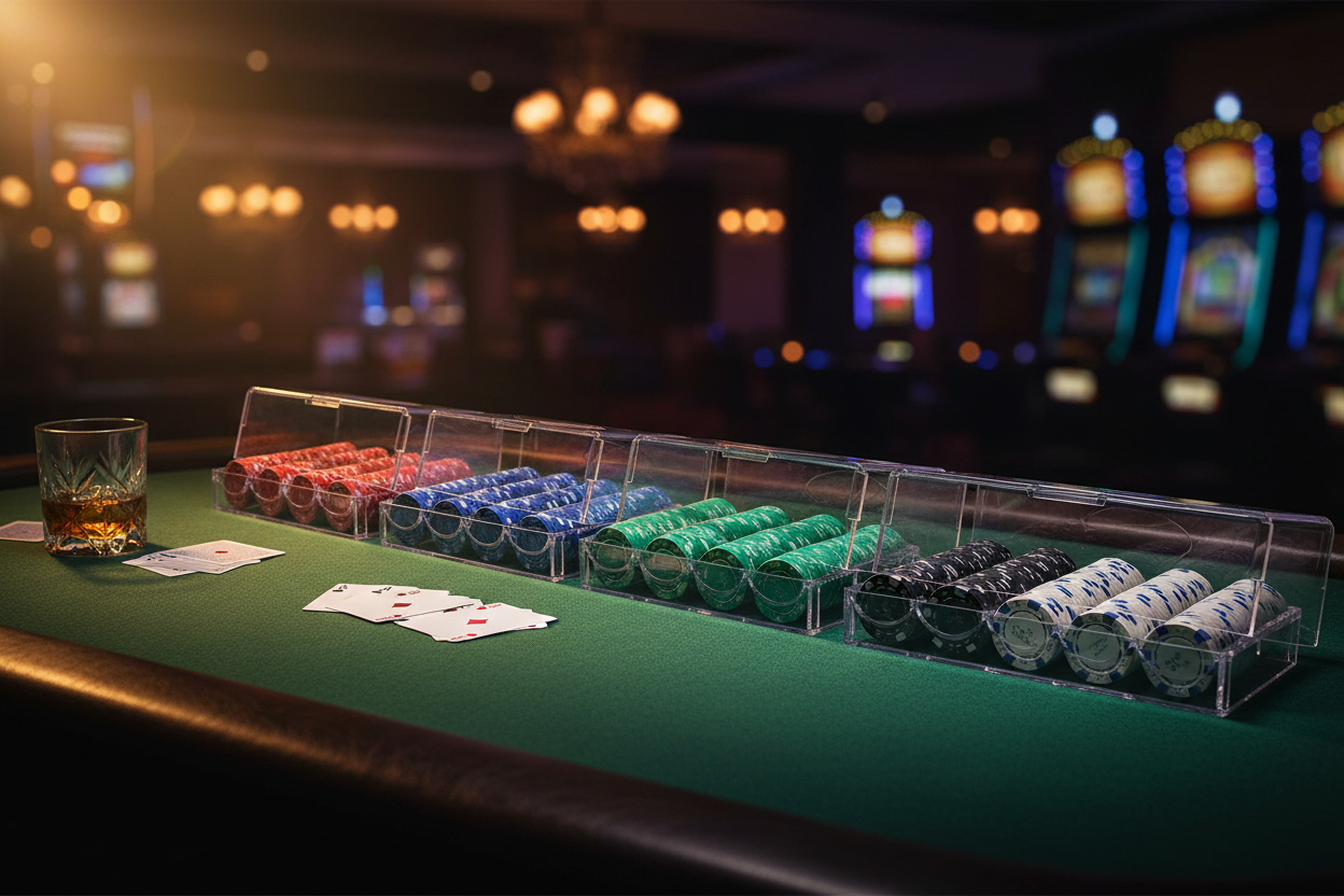 מגשי ג'טונים שקופים על שולחן פוקר
