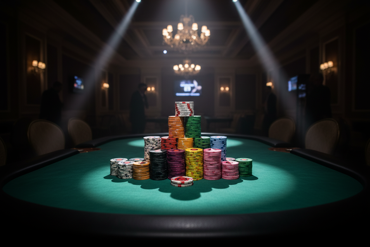 ספי EPT סדורים בפירמידה על שולחן פוקר עם ספוטים