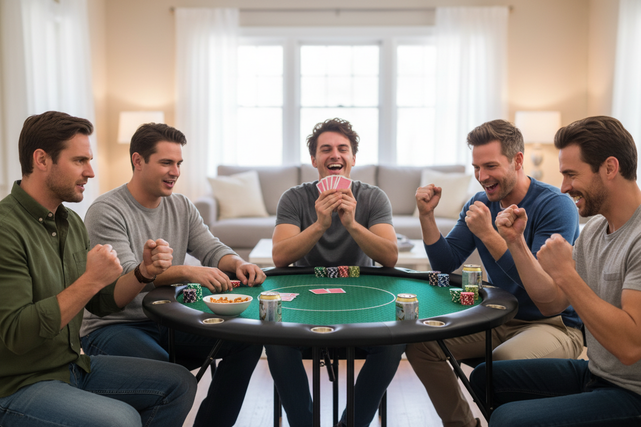 קבוצת שחקנים משחקים פוקר סביב שולחן עגול ירוק בבית