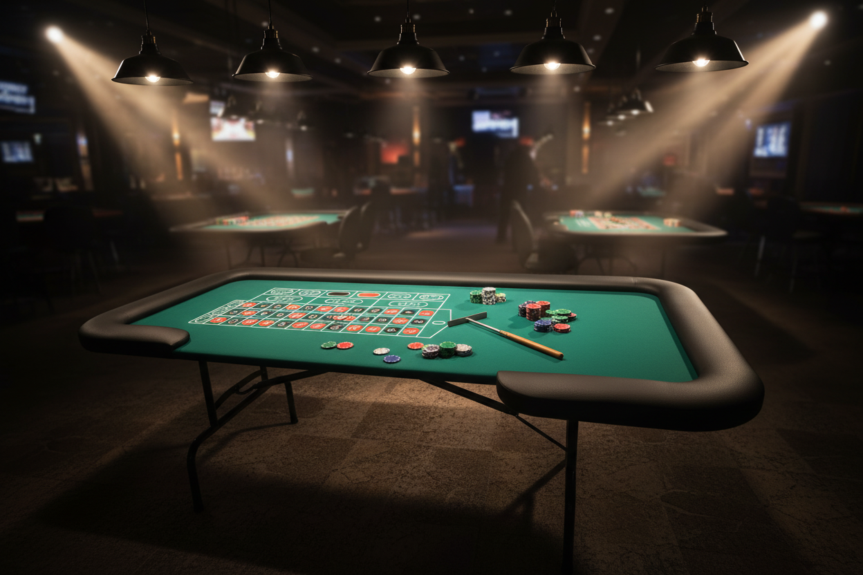 שולחן רולטה ירוק עם צד אחד פתוח באווירת קזינו