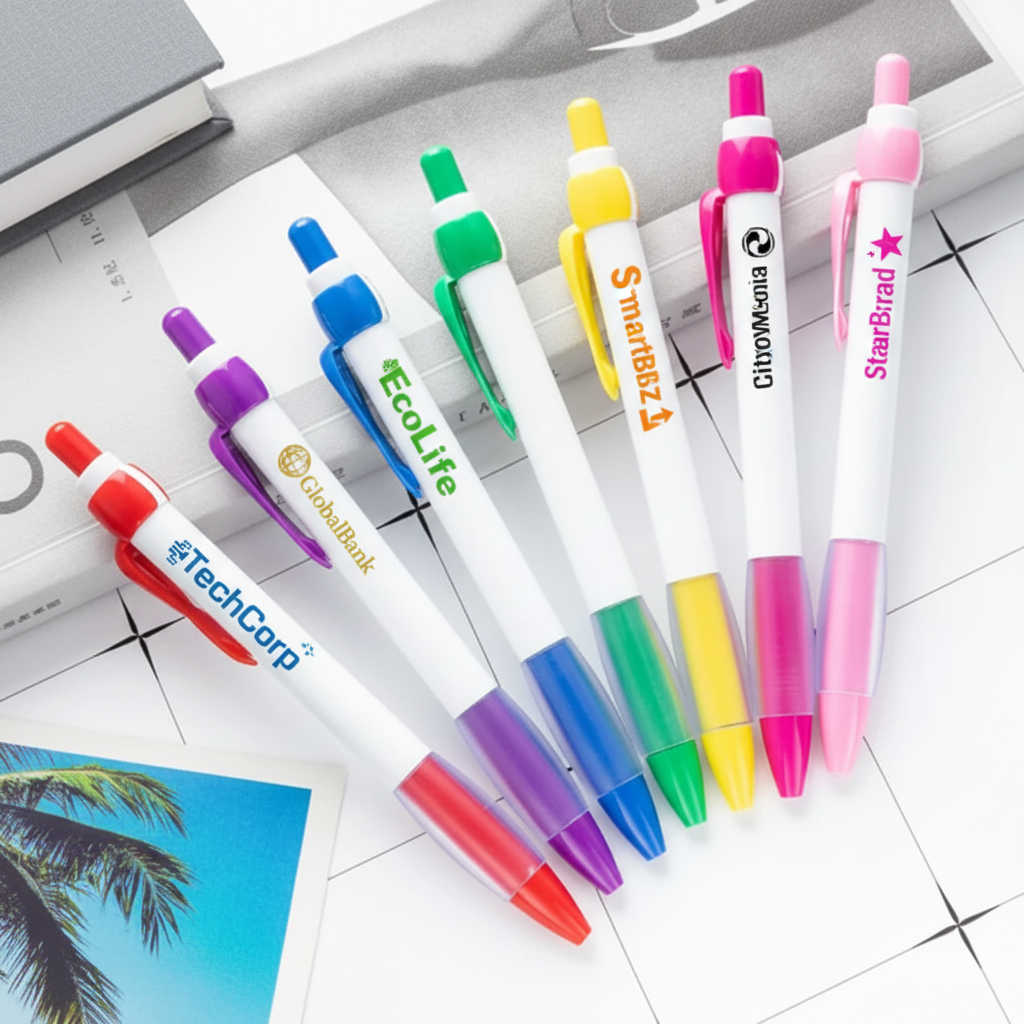 עטים לבנים עם לוגואים של חברות