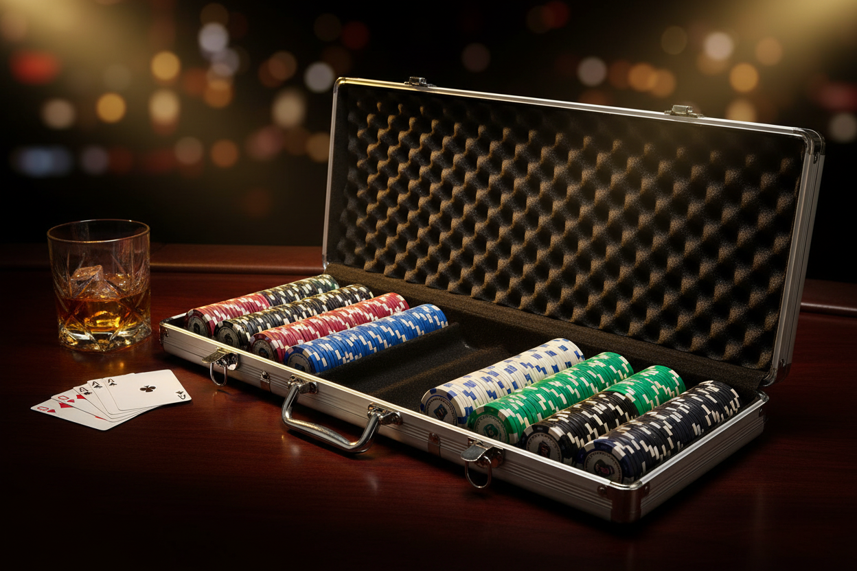 מזוודה כסופה ארוכה באווירת קזינו