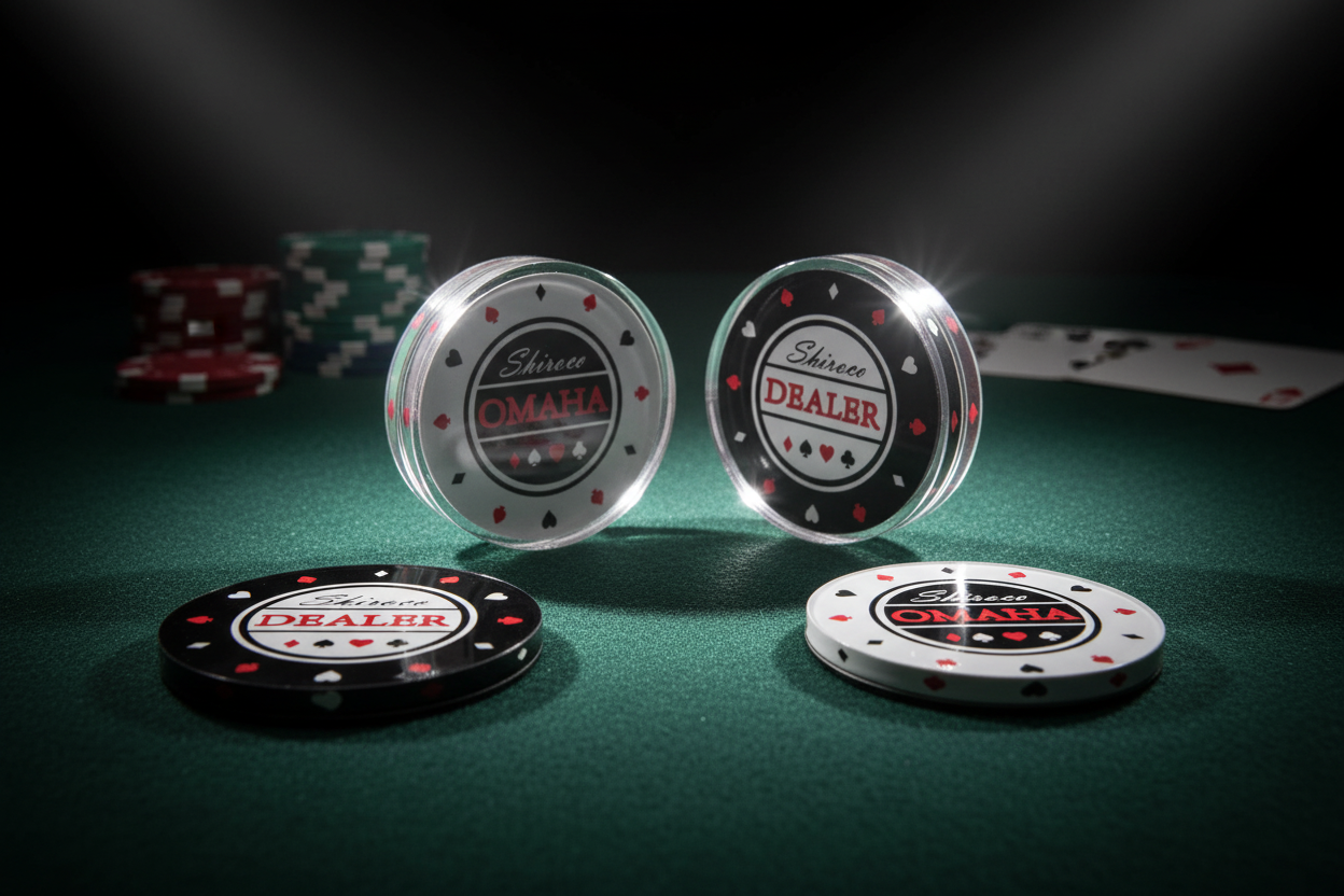 כפתורי Shiroco DEALER ו-OMAHA על שולחן פוקר
