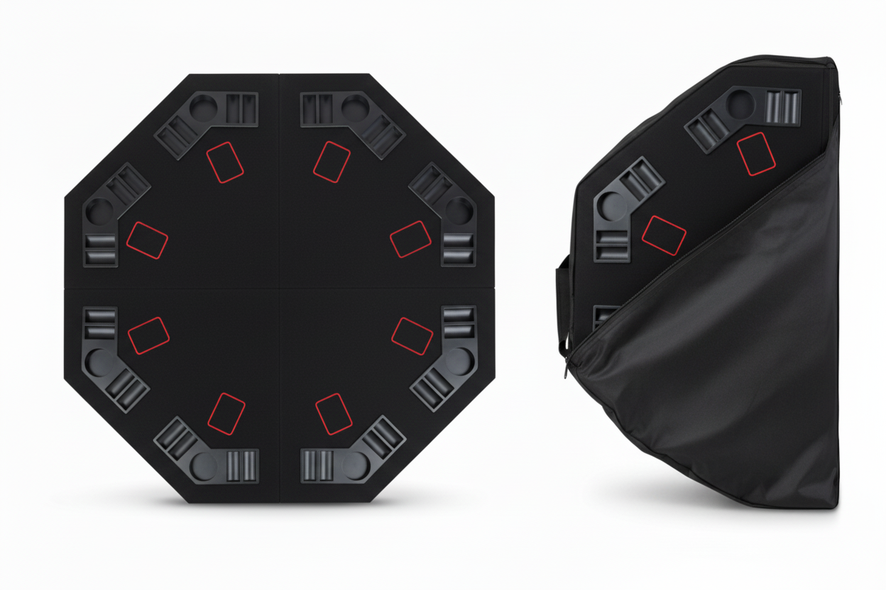 שולחן טופ פוקר שחור עם מסגרות אדומות ונרתיק נשיאה