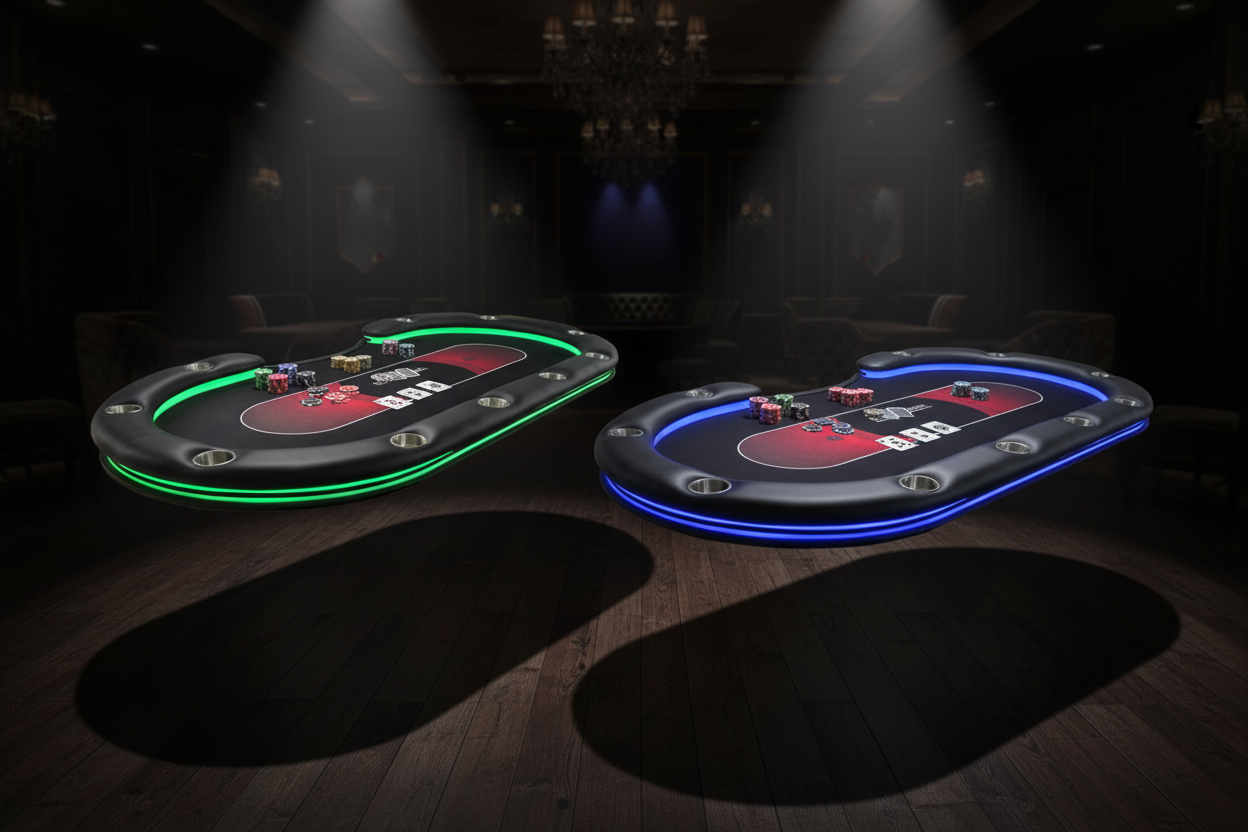 שולחן פוקר ללא רגליים עם תאורת LED ירוק וכחול תחת ספוטים