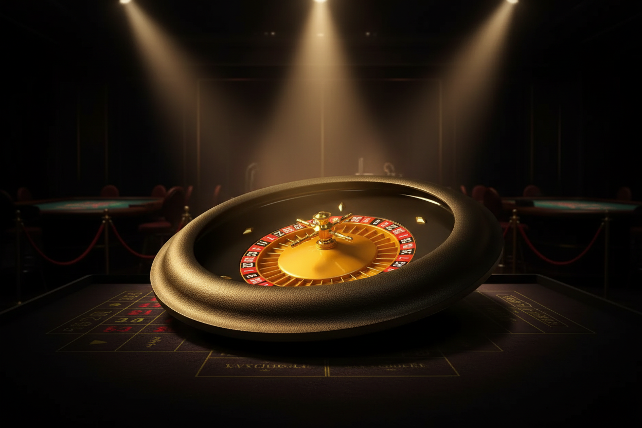 גלגל רולטה שחור וזהב עם ספוטים קזינו דרמטיים