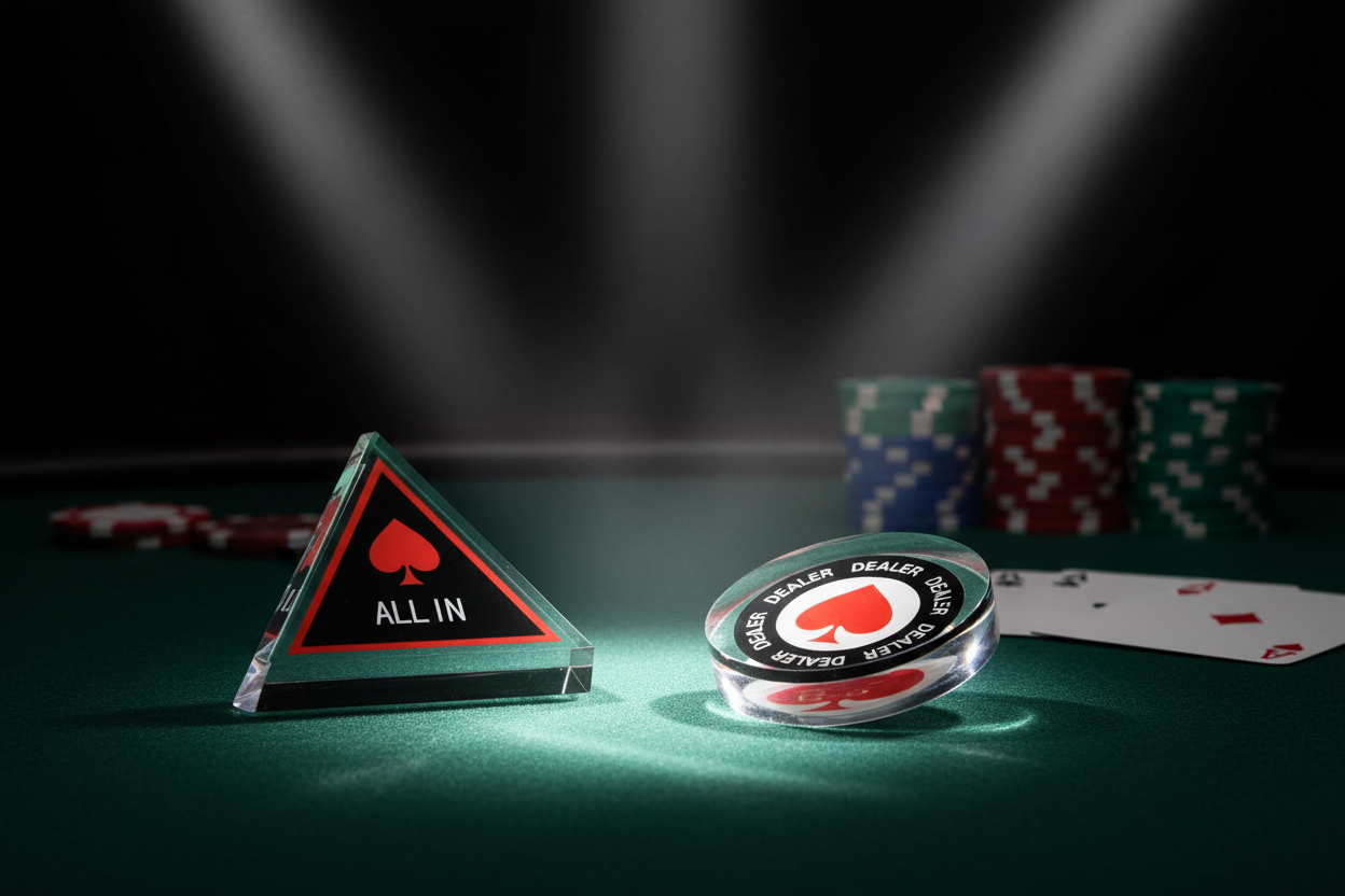 כפתורי DEALER ו-ALL IN פרוסים על שולחן פוקר