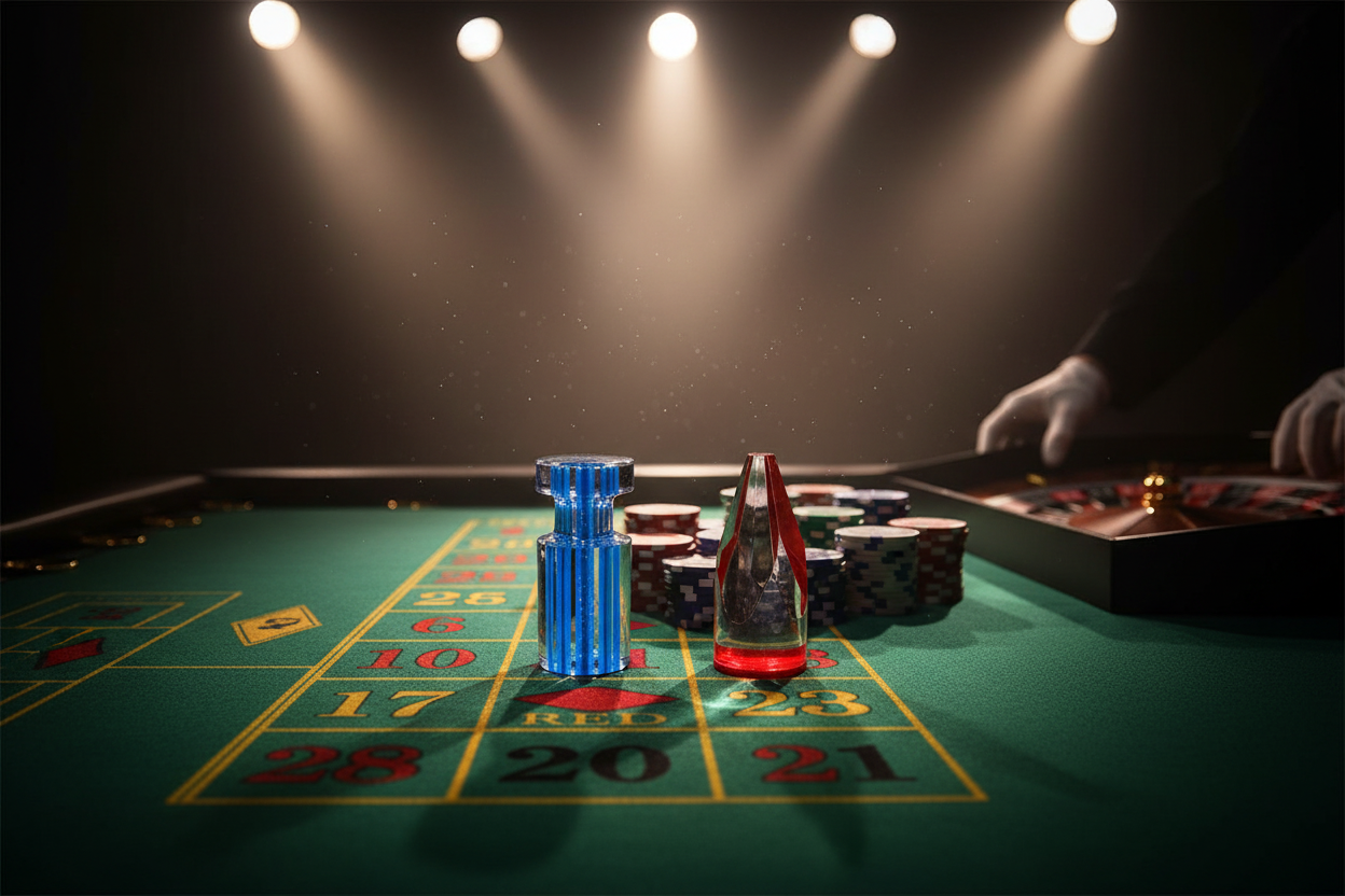 סמני רולטה כחול ואדום על מספר זוכה בשולחן רולטה