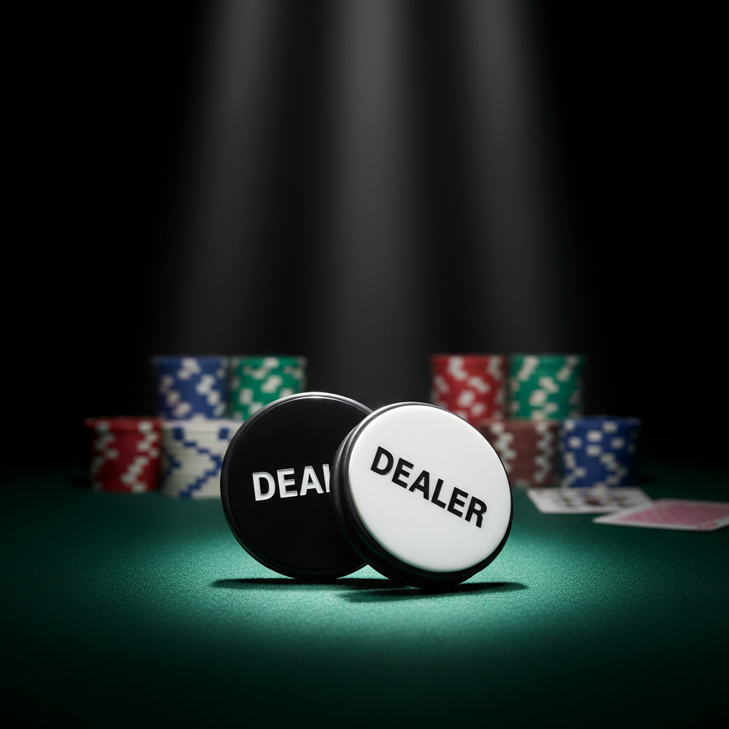 כפתורי DEALER שחור-לבן על שולחן פוקר