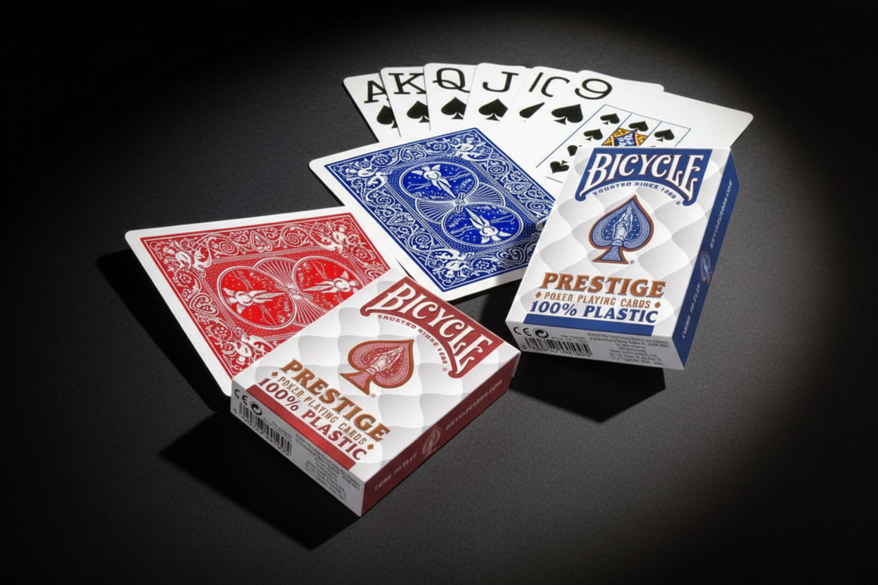 קלפי בייסיקל Prestige 100% פלסטיק – חפיסת קלפים מקצועית אדום וכחול לפוקר