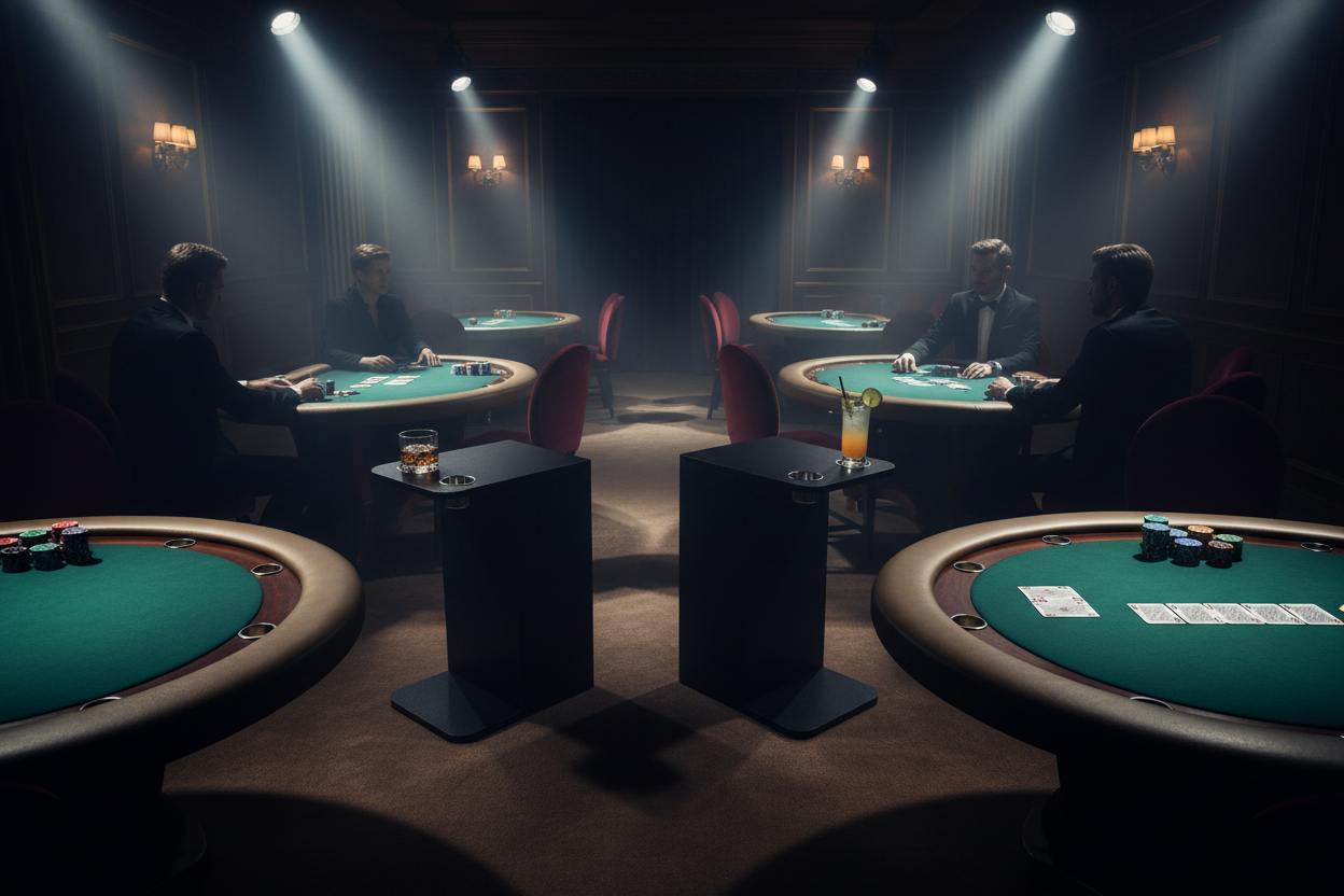 שולחן צד שחור לפוקר עם מעמדי כוסות בין שולחנות פוקר