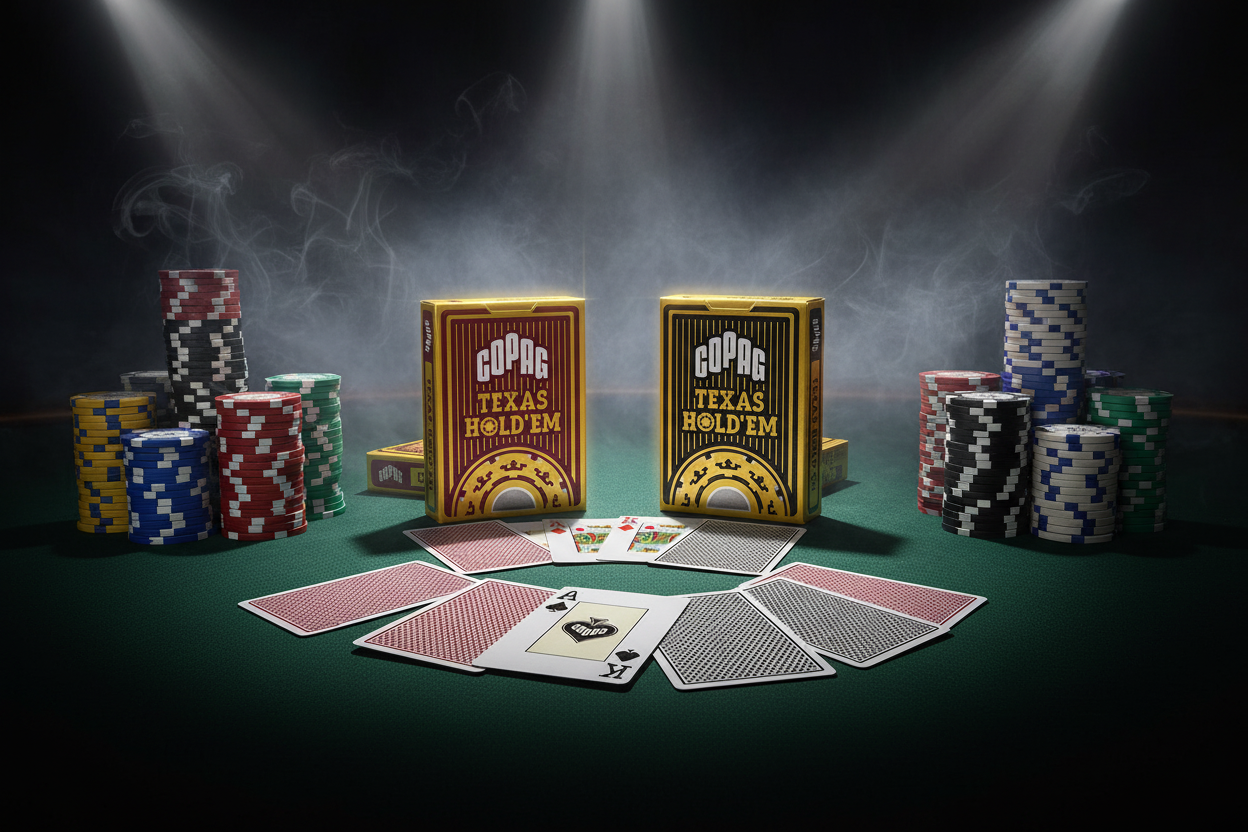 קלפי Copag Texas Hold'em – חפיסת קלפים מקצועית בורדו ושחור לפוקר וטקסס הולדם