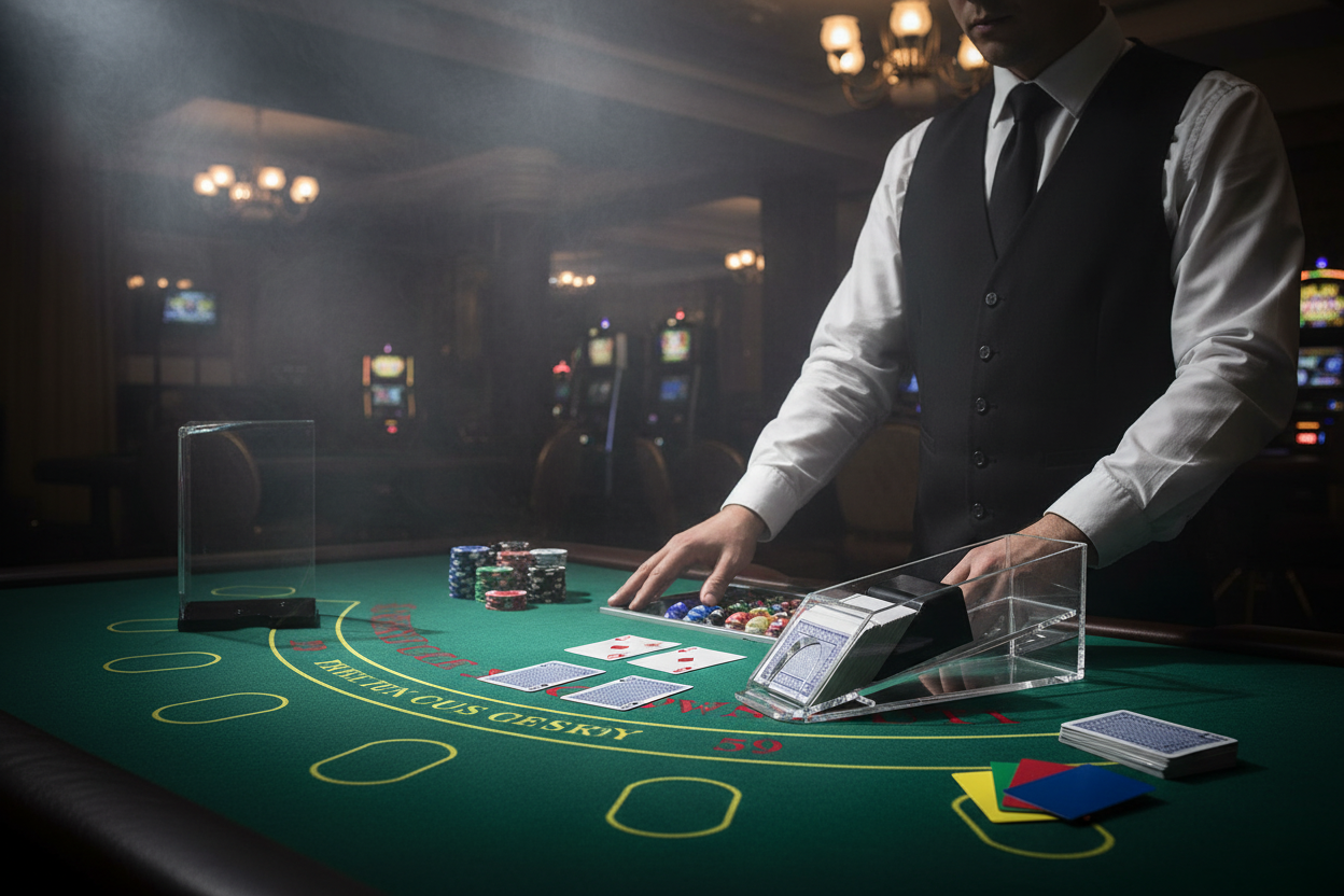 סט אקרילי לבלאק ג'ק בשימוש על שולחן קזינו