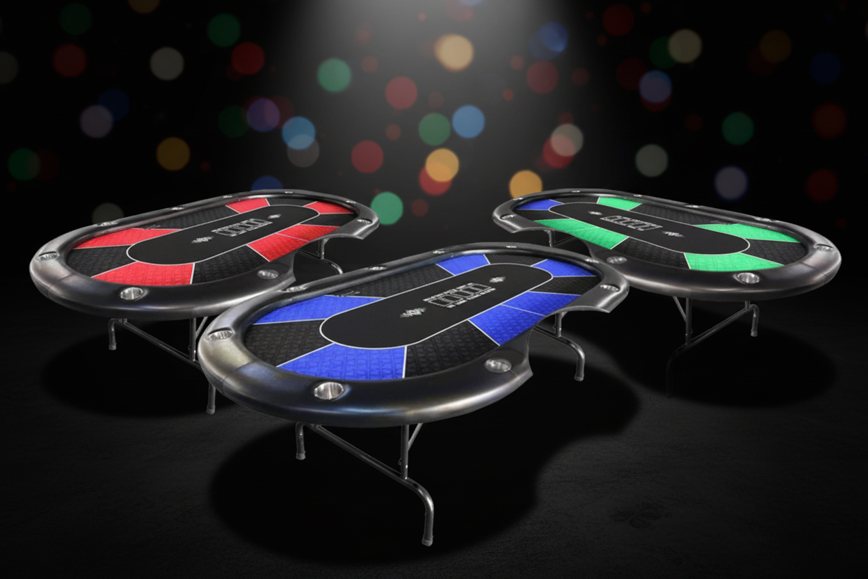 שלושה שולחנות פוקר כחול אדום וירוק באווירת קזינו