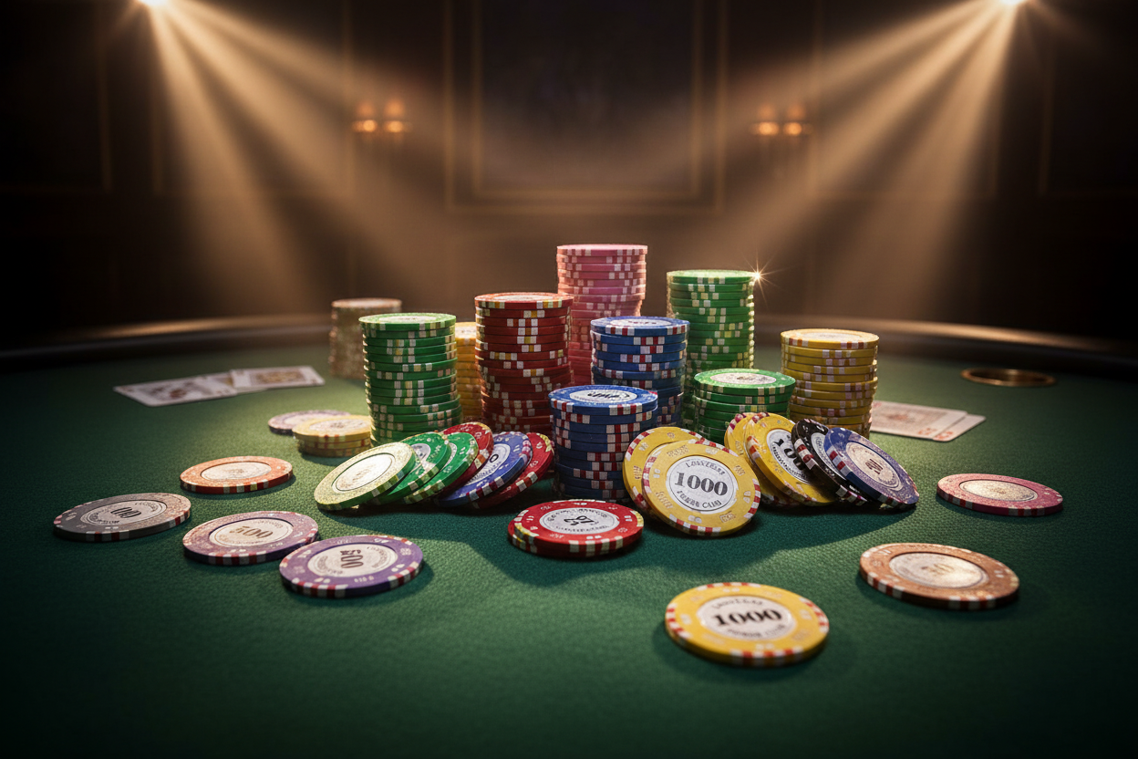 צ'יפי Las Vegas Poker Club בכל הצבעים והערכים על שולחן פוקר