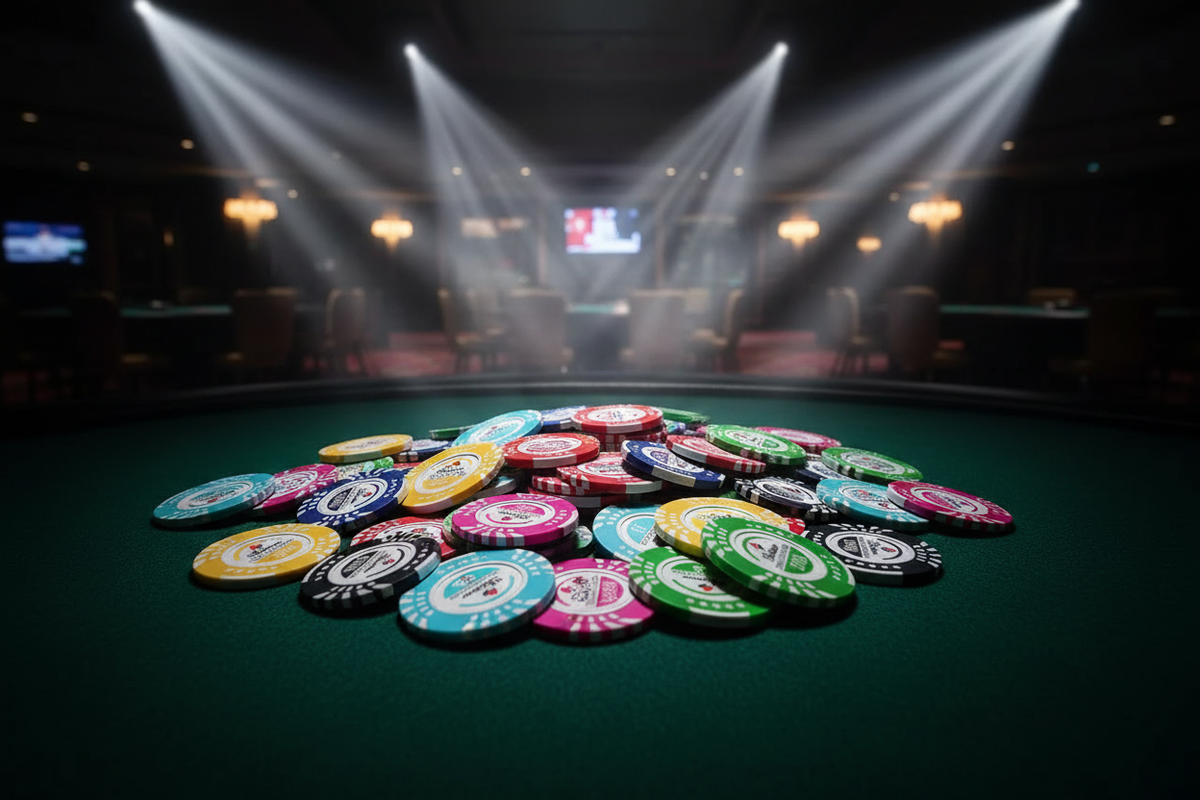 צ'יפי Shiroco Texas Hold'em מפוזרים על שולחן פוקר עם ספוטים
