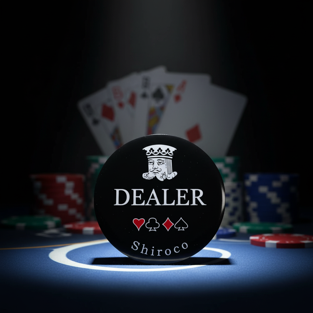 כפתור DEALER שירוקו על שולחן פוקר כחול