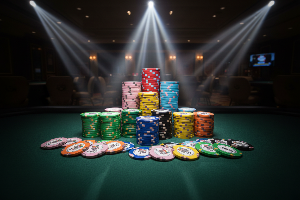 צ'יפי World Series of Poker בכל הצבעים והערכים על שולחן פוקר