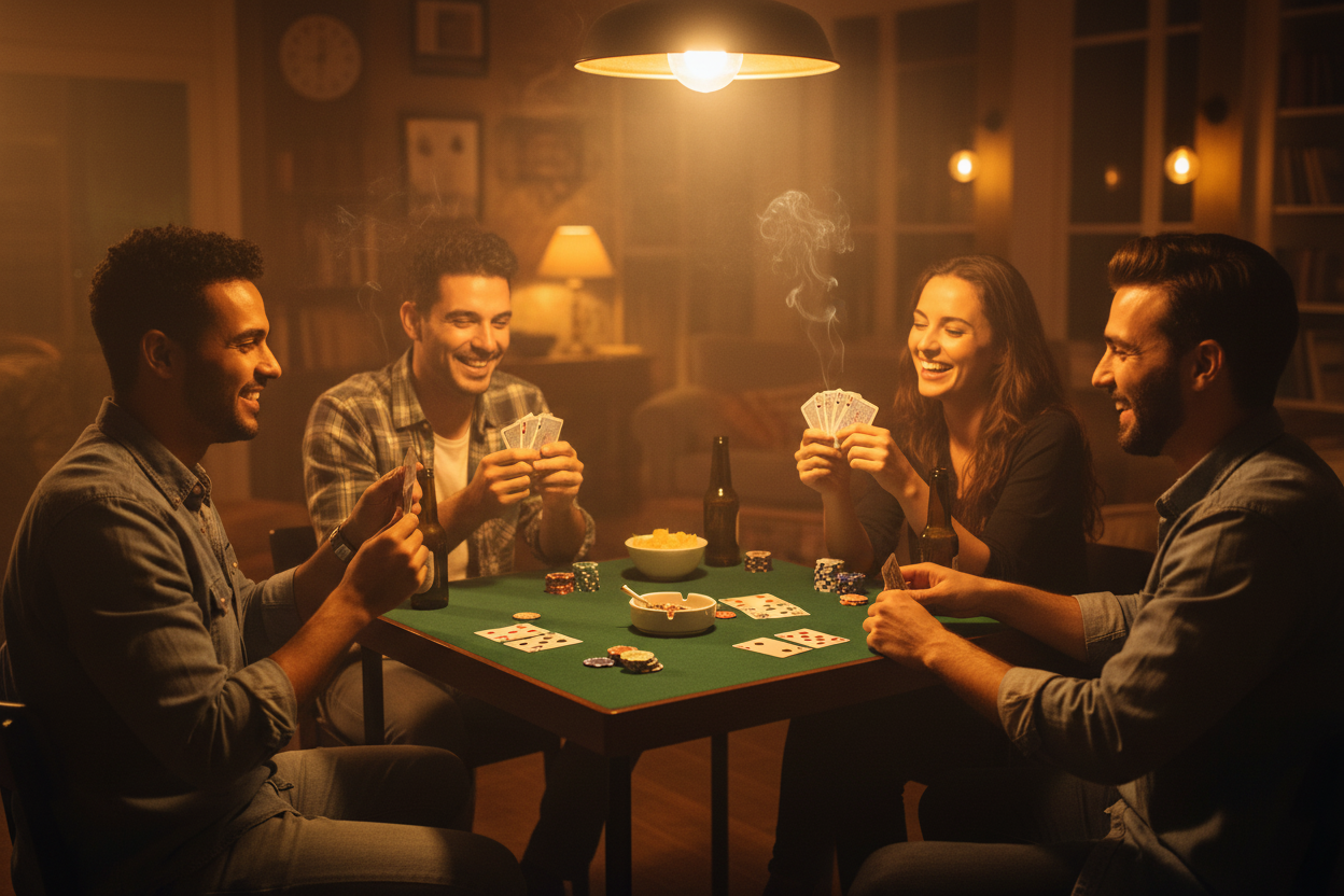 שולחן פוקר קטן עם חברים, אווירה חברותית ועשן סיגריות