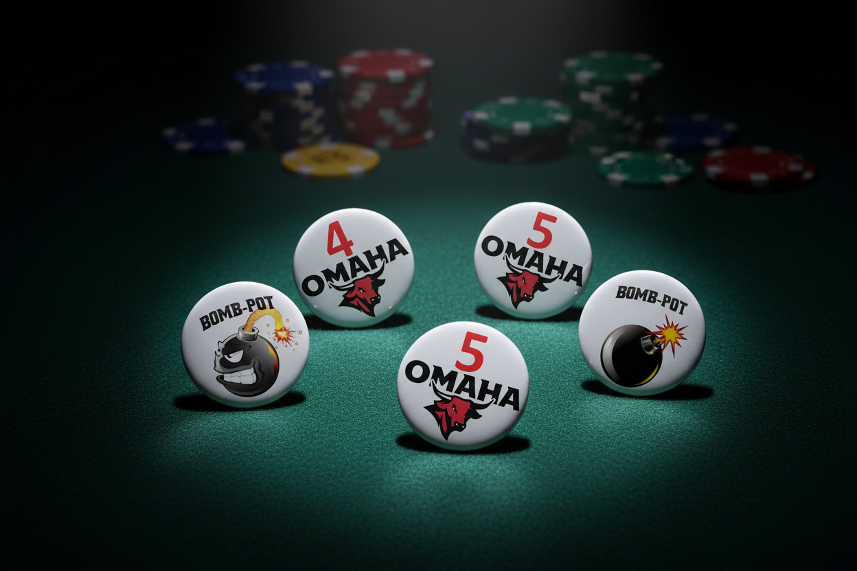 כפתורי OMAHA ו-BOMB-POT על שולחן פוקר