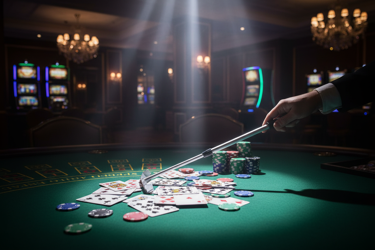 מגרפת דילר בשימוש על שולחן קלפים עם ספוטים